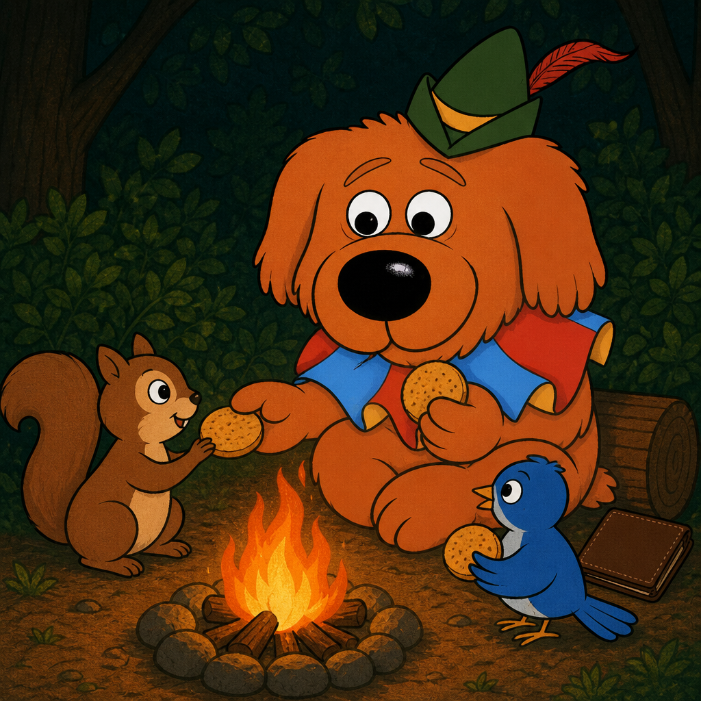 Biscotti sharing biscuits by a campfire
