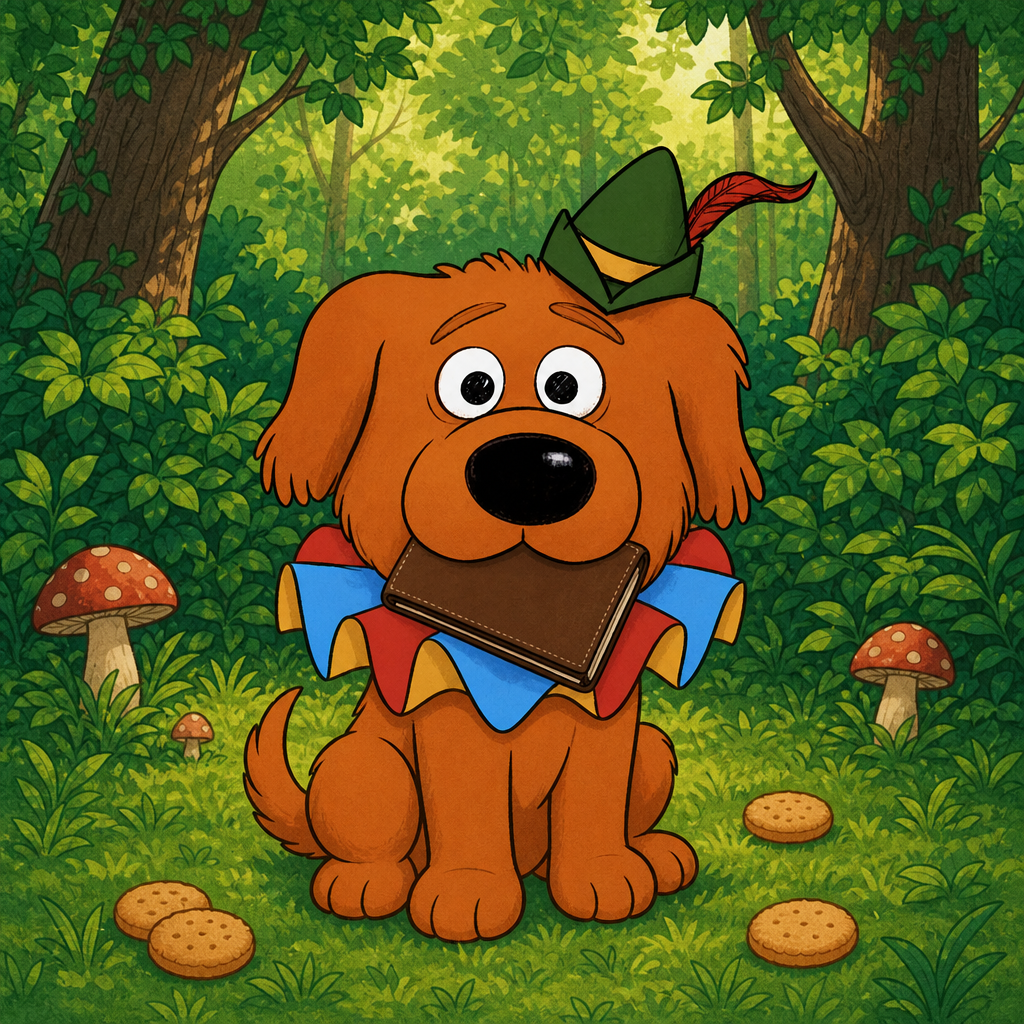 Biscotti sitting in a forest clearing