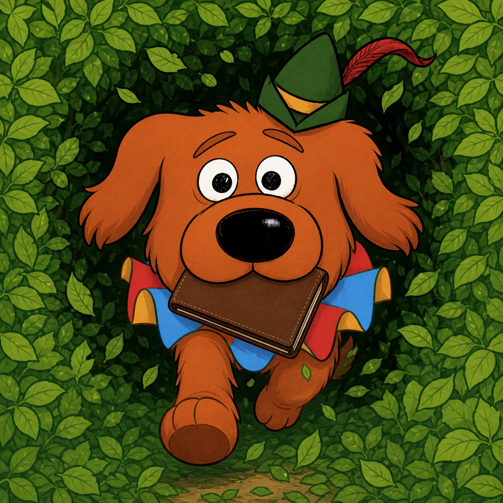 Biscotti running through the forest with a wallet