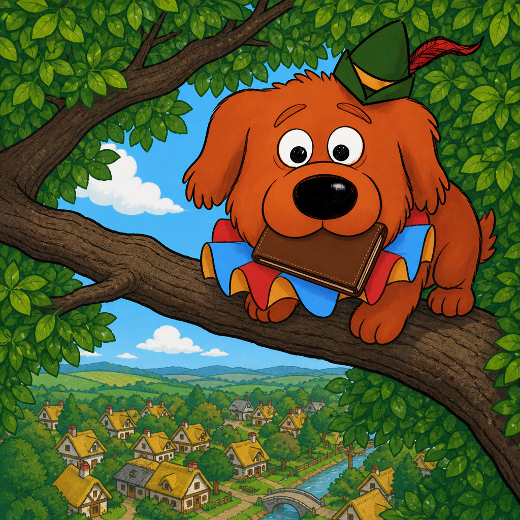 Biscotti on a tree branch overlooking a village
